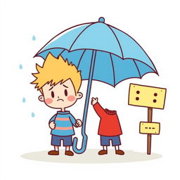 A whimsical cartoon illustration featuring two cute boys sharing a colorful umbrella on a rainy day