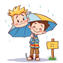 A whimsical cartoon illustration featuring two cute boys sharing a colorful umbrella on a rainy day