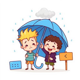 A whimsical cartoon illustration featuring two cute boys sharing a colorful umbrella on a rainy day