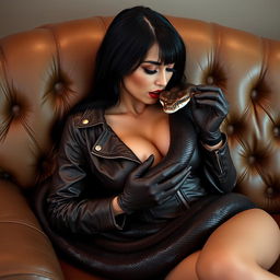A hot woman with a big ass and big boobs, possessing a thin waist, sexy dark red lips, and long black hair