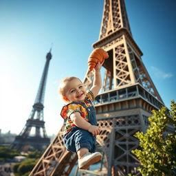 A cute toddler, sweet and joyful, climbing up the iconic Eiffel Tower, reaching for a delicious croissant at the top
