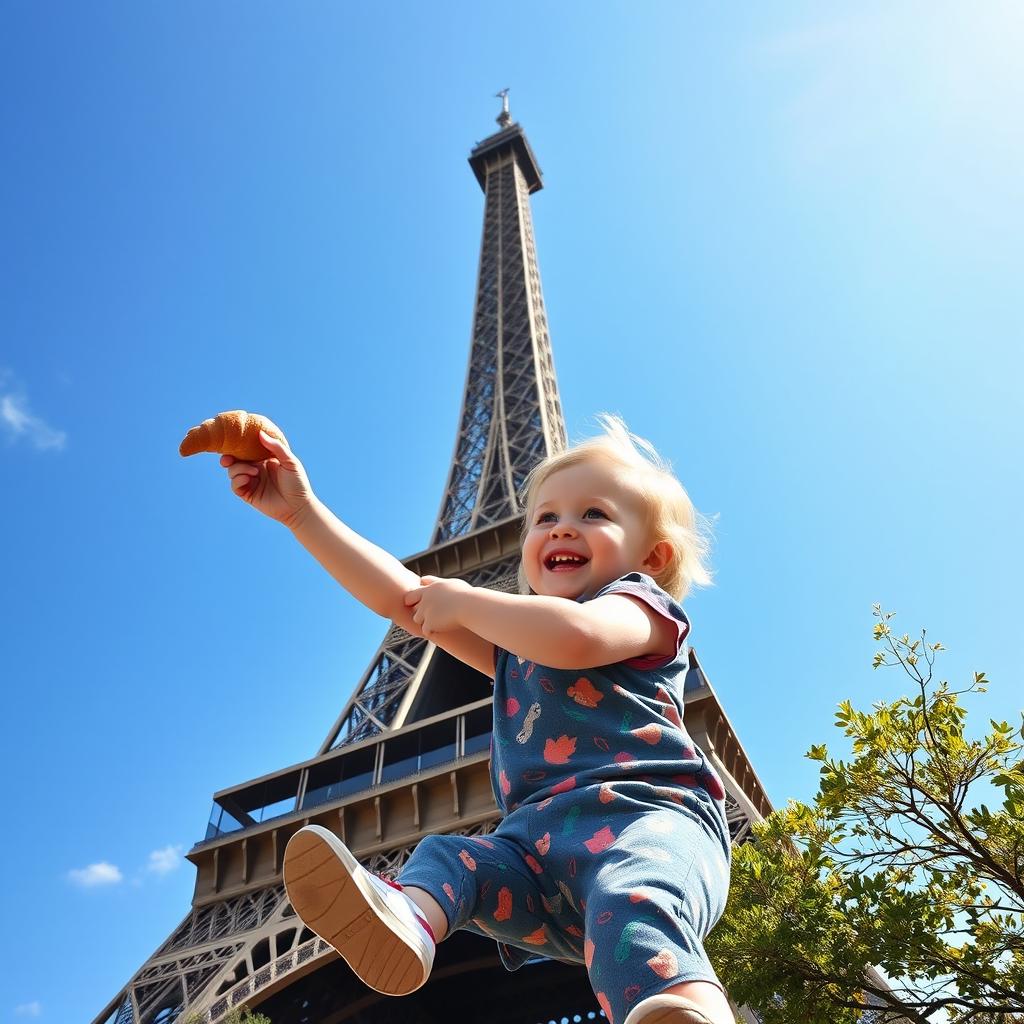 A cute toddler, sweet and joyful, climbing up the iconic Eiffel Tower, reaching for a delicious croissant at the top