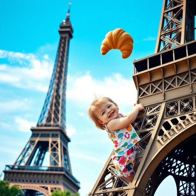 A cute toddler, sweet and joyful, climbing up the iconic Eiffel Tower, reaching for a delicious croissant at the top