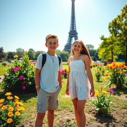 A picturesque scene featuring the iconic Eiffel Tower in the background, with a boy and a girl standing together in a lively park setting