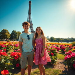 A picturesque scene featuring the iconic Eiffel Tower in the background, with a boy and a girl standing together in a lively park setting