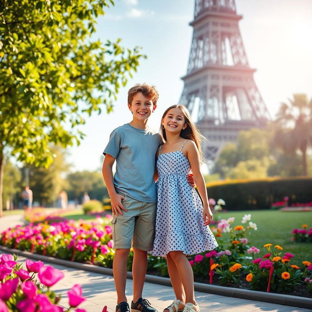 A picturesque scene featuring the iconic Eiffel Tower in the background, with a boy and a girl standing together in a lively park setting