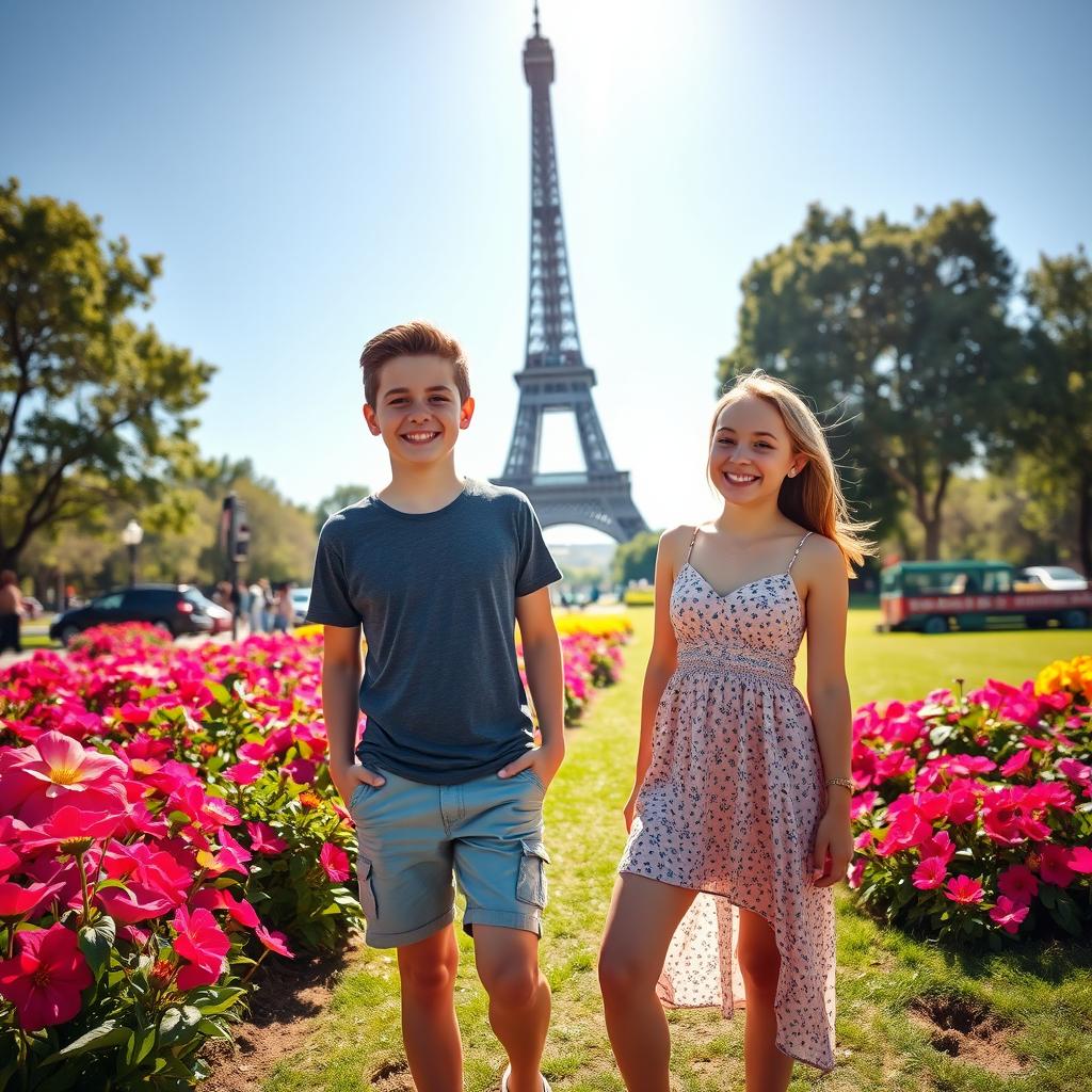 A picturesque scene featuring the iconic Eiffel Tower in the background, with a boy and a girl standing together in a lively park setting