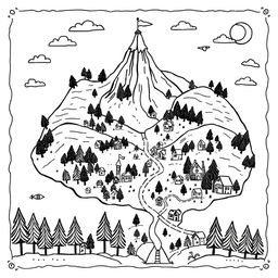 A delightful and playful illustration of an old map, designed with whimsical elements and a charming, childlike quality
