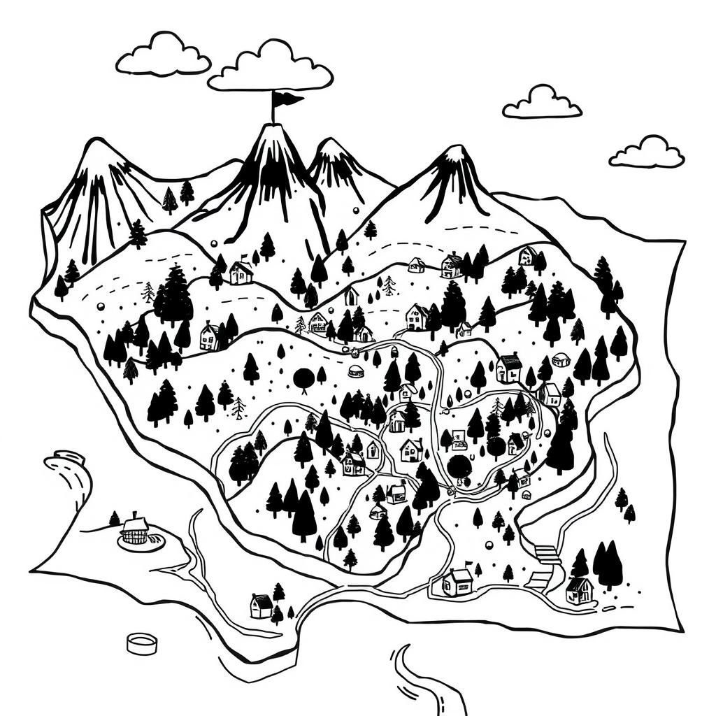 A delightful and playful illustration of an old map, designed with whimsical elements and a charming, childlike quality