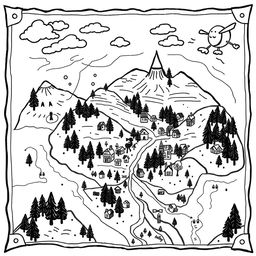 A delightful and playful illustration of an old map, designed with whimsical elements and a charming, childlike quality