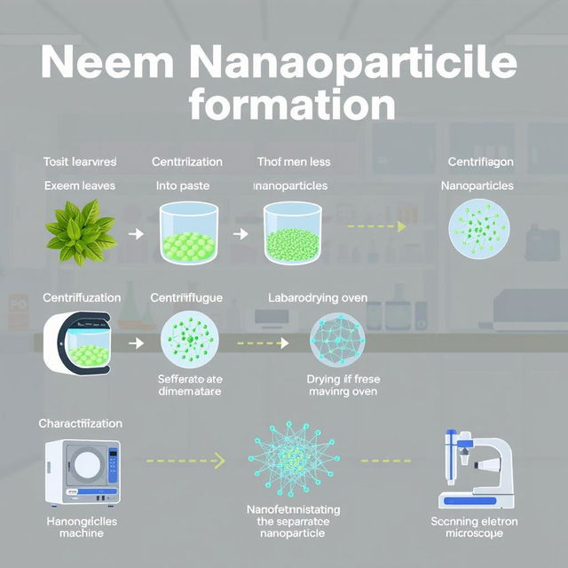 A visually informative illustration depicting the step-by-step process of neem nanoparticle formation