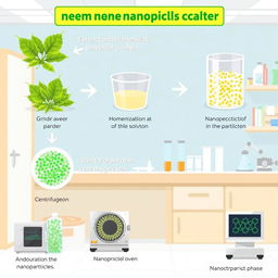 A visually informative illustration depicting the step-by-step process of neem nanoparticle formation