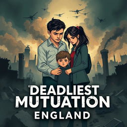 A book cover illustration titled 'The Deadliest Mutation' showcasing a dystopian scenario in England