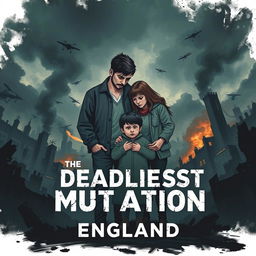 A book cover illustration titled 'The Deadliest Mutation' showcasing a dystopian scenario in England