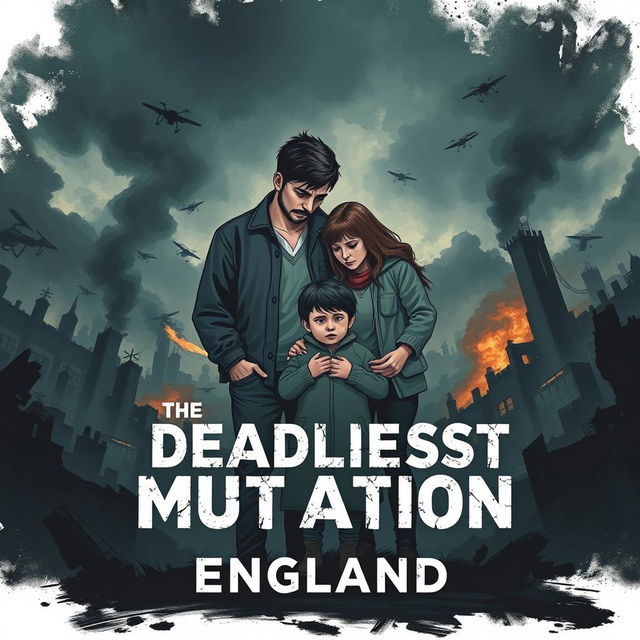 A book cover illustration titled 'The Deadliest Mutation' showcasing a dystopian scenario in England