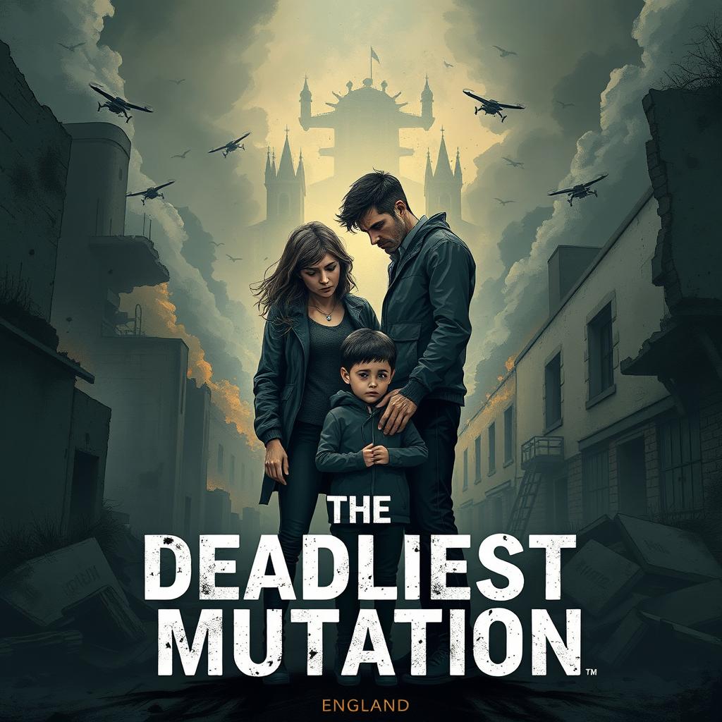 A book cover illustration titled 'The Deadliest Mutation' showcasing a dystopian scenario in England