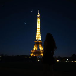 A scene of the Eiffel Tower illuminated against a night sky, showcasing its sparkling lights