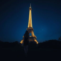 A scene of the Eiffel Tower illuminated against a night sky, showcasing its sparkling lights