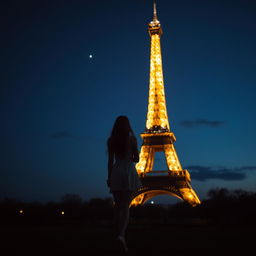 A scene of the Eiffel Tower illuminated against a night sky, showcasing its sparkling lights