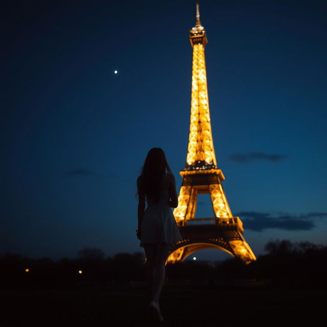 A scene of the Eiffel Tower illuminated against a night sky, showcasing its sparkling lights