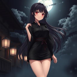 An anime vampire character wearing a short, black silk kimono-style robe that reaches just above her thighs