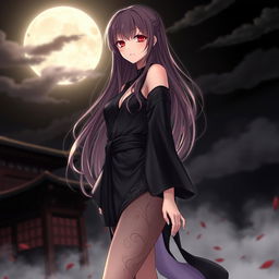 An anime vampire character wearing a short, black silk kimono-style robe that reaches just above her thighs
