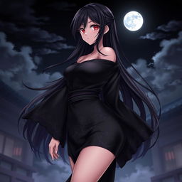 An anime vampire character wearing a short, black silk kimono-style robe that reaches just above her thighs