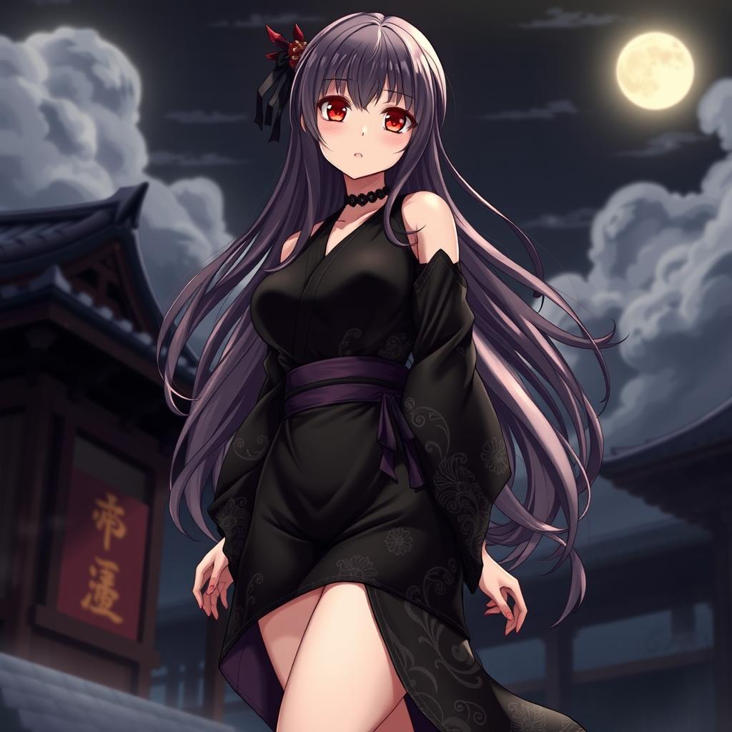 An anime vampire character wearing a short, black silk kimono-style robe that reaches just above her thighs