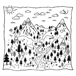 A whimsical and playful illustration of an old map filled with imaginative features and cute elements