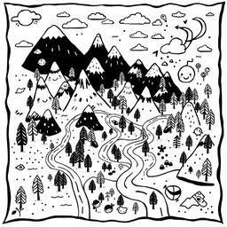 A whimsical and playful illustration of an old map filled with imaginative features and cute elements