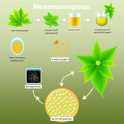 An informative illustration depicting the entire process of neem nanoparticle formation, including detailed steps: First, show neem leaves being harvested and prepared