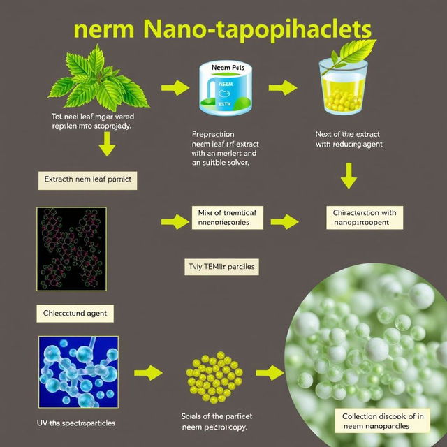 An informative illustration depicting the entire process of neem nanoparticle formation, including detailed steps: First, show neem leaves being harvested and prepared