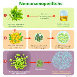 An informative illustration depicting the entire process of neem nanoparticle formation, including detailed steps: First, show neem leaves being harvested and prepared