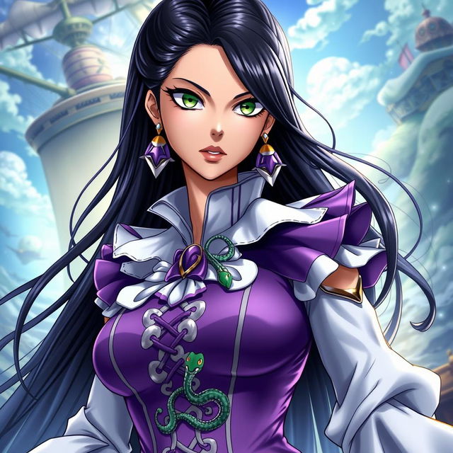 A stunning portrait of Boa Hancock, the captivating and powerful character from One Piece, showcasing her iconic attire with intricate details, such as her flowing purple and white dress with a large collar and the mesmerizing snake motif