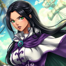 A stunning portrait of Boa Hancock, the captivating and powerful character from One Piece, showcasing her iconic attire with intricate details, such as her flowing purple and white dress with a large collar and the mesmerizing snake motif