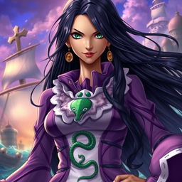 A stunning portrait of Boa Hancock, the captivating and powerful character from One Piece, showcasing her iconic attire with intricate details, such as her flowing purple and white dress with a large collar and the mesmerizing snake motif