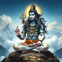 An artistic representation of Lord Shiva, depicted with a serene expression, seated in a meditative pose on a mountain peak surrounded by clouds
