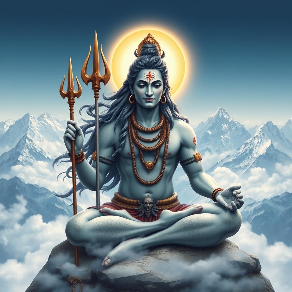 An artistic representation of Lord Shiva, depicted with a serene expression, seated in a meditative pose on a mountain peak surrounded by clouds