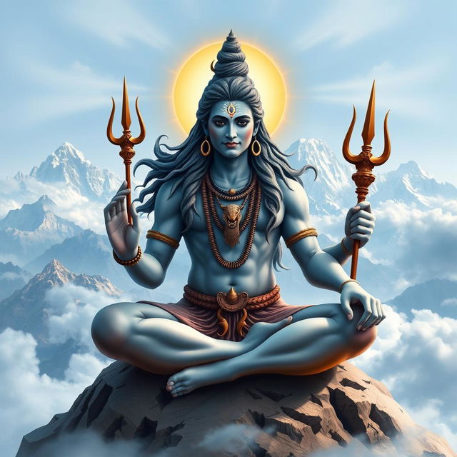 An artistic representation of Lord Shiva, depicted with a serene expression, seated in a meditative pose on a mountain peak surrounded by clouds