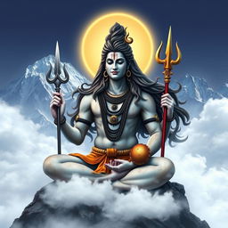 An artistic representation of Lord Shiva, depicted with a serene expression, seated in a meditative pose on a mountain peak surrounded by clouds