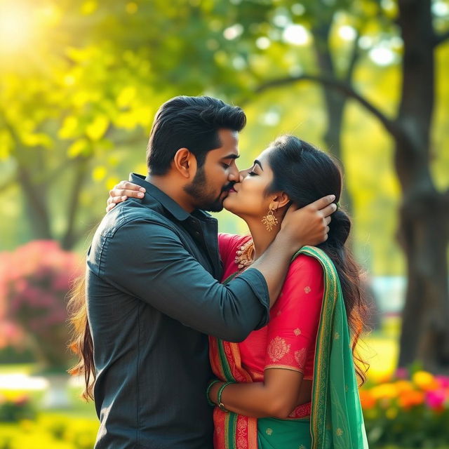 A romantic scene featuring the Tamil actress Sneha and actor Simbu sharing an intimate moment, hugging tightly and kissing each other tenderly