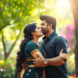 A romantic scene featuring the Tamil actress Sneha and actor Simbu sharing an intimate moment, hugging tightly and kissing each other tenderly
