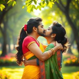 A romantic scene featuring the Tamil actress Sneha and actor Simbu sharing an intimate moment, hugging tightly and kissing each other tenderly