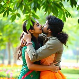 A romantic scene featuring the Tamil actress Sneha and actor Simbu sharing an intimate moment, hugging tightly and kissing each other tenderly