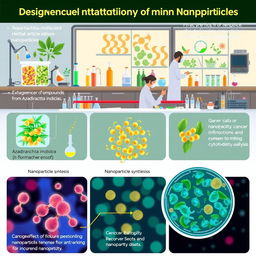 A scientifically detailed and visually engaging illustration depicting the process of designing Azadirachta indica herbal nanoparticles, showcasing their anti-cancer activity in cytotoxicity analysis