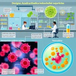 A scientifically detailed and visually engaging illustration depicting the process of designing Azadirachta indica herbal nanoparticles, showcasing their anti-cancer activity in cytotoxicity analysis