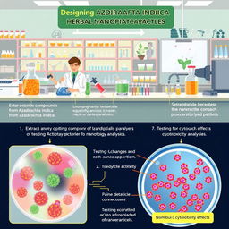 A scientifically detailed and visually engaging illustration depicting the process of designing Azadirachta indica herbal nanoparticles, showcasing their anti-cancer activity in cytotoxicity analysis
