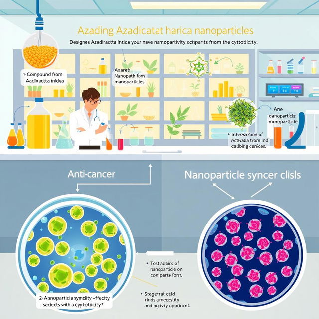 A scientifically detailed and visually engaging illustration depicting the process of designing Azadirachta indica herbal nanoparticles, showcasing their anti-cancer activity in cytotoxicity analysis