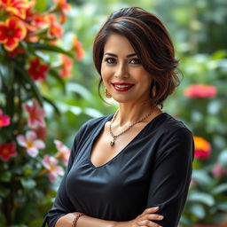 A sensual Colombian woman aged between 40 and 45 years, standing confidently in full height