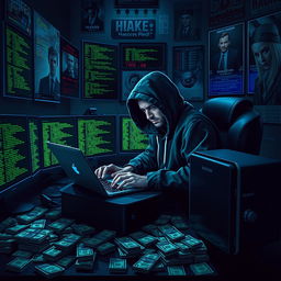 An artistic representation of a hacker sitting in a dimly lit room, surrounded by multiple monitors displaying green code on black backgrounds